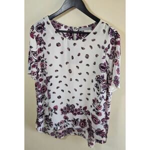 Daniel Rainn Women’s Floral Blouse Top Short Sleeve White Pink Boho Size Large